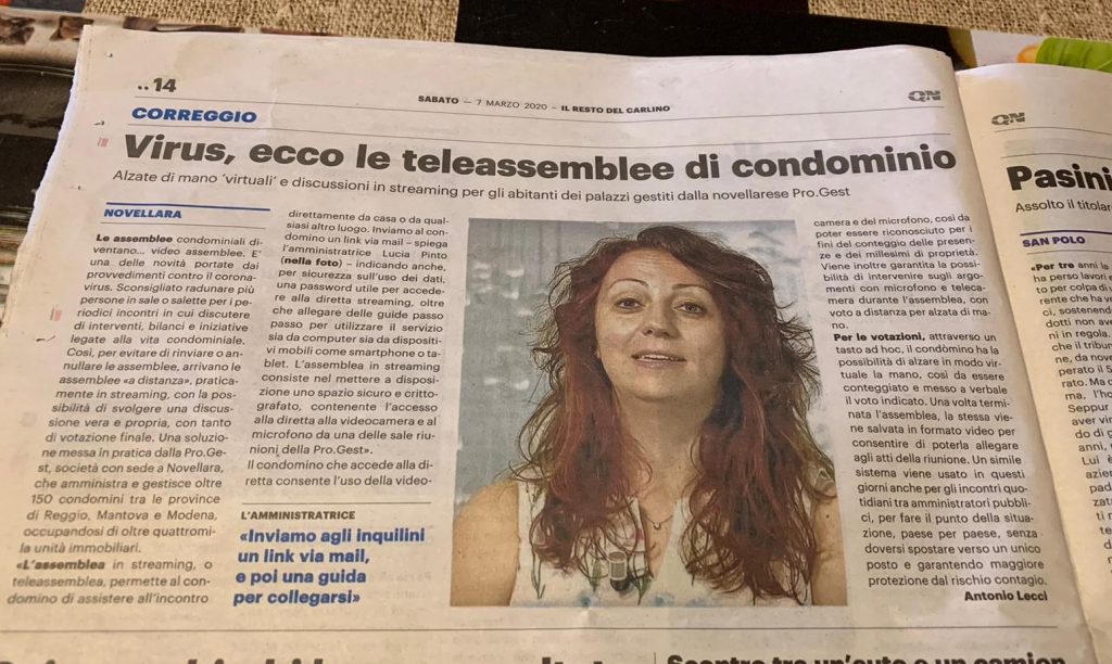 Articolo-Resto-del-Carlino-Assemblea-online-telematica-ProGest-Novellara-Amministrazioni-condominiali-condominio